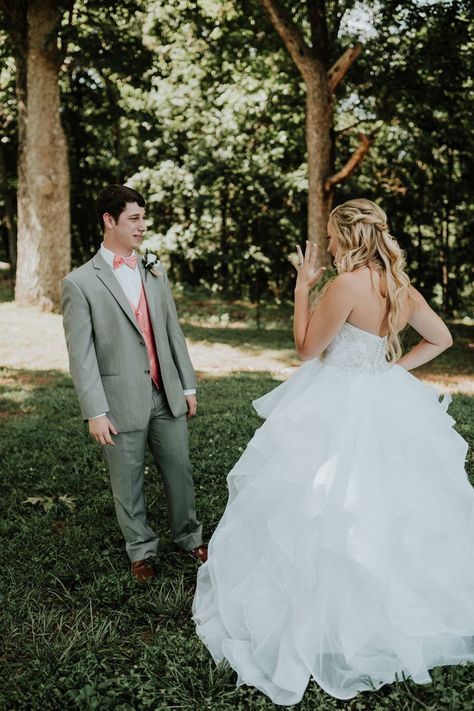 Bride and Groom First Look #bride #groom #firstlook Bride And Groom First Touch, Rachel Johnson, First Look, Wedding Dress, Photography