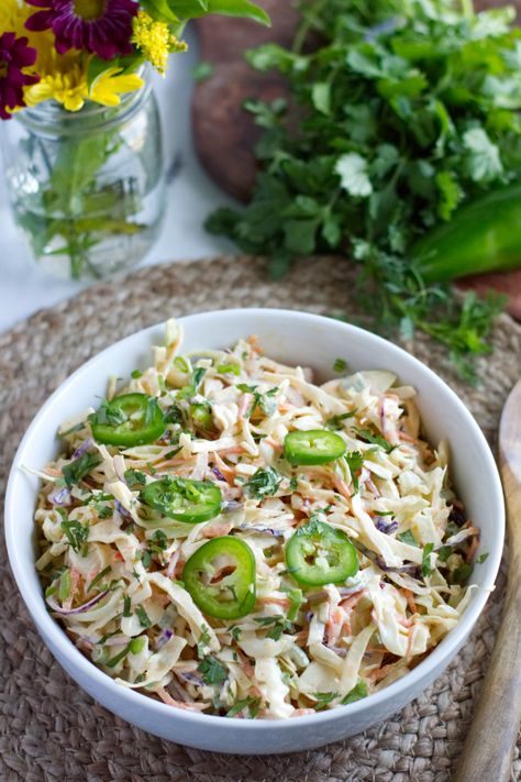 Jalapeño Cole Slaw, Jalapeno Salad Recipes, Jalapeno Slaw Recipes, Spicy Slaw For Pulled Pork, Jalapeno Coleslaw Recipes, Sides For Pulled Pork Tacos, Sides For Bbq Pulled Pork, Slaw Recipes For Pulled Pork, Cajun Coleslaw Recipe