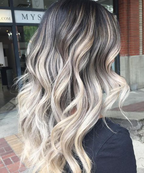 Black Hair With Ash Blonde Balayage                                                                                                                                                                                 More Blond Cenușiu, Balayage Hair Blonde Short, Balayage Hair Blonde Medium, Balayage Hair Blonde Long, Balayage Hair Ash, Balayage Hair Color Ideas, Balayage Hair Color, Balayage Blond, Ash Blonde Balayage