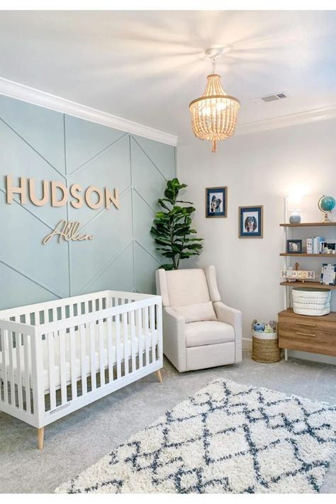 30+ Tranquil Light Blue Nursery Ideas (Tips, Inspirations,& Decor) - Mom And Home Boy Nursery White Furniture, Light Blue Boys Room, Light Blue Accent Wall, Nursery Boy Ideas, Baby Boy Nursery Room Design, Blue Nursery Ideas, Baby Boy Nursey, Boy Nursey, Light Blue Nursery