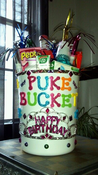 The Cutest Birthday Bucket Ever! Puke Bucket, 21st Bday Ideas, Bathroom Trash Can, Bday Gift, Birthday Party 21, Cadeau Diy, Hair Back, 21st Birthday Gifts, Mouthwash