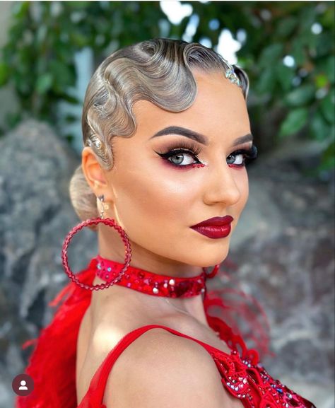 Ballroom Dance Nails, Latin Dance Hairstyles Ponytail, Ball Room Makeup, Latin Dance Makeup Looks, Latin Hairstyles Dance, Ballroom Dance Makeup Looks, Tango Hairstyle, Ballroom Latin Hair, Ballroom Hair Competition