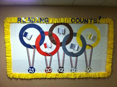 Reading Counts bulletin board done with ideas from fellow pinners!  Student names will be added later as they earn points! Accelerated Reader Display, Middle School Library Bulletin Boards, Olympic Bulletin Board, Middle School Bulletin Boards, School Wide Themes, School Library Bulletin Boards, Reading Counts, Accelerated Reading, Elementary Librarian