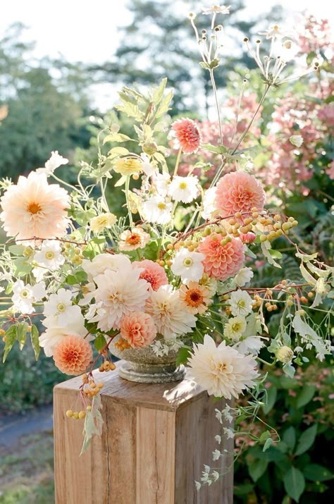 Peach And White Floral Arrangements, Cafe Au Lait Bridal Bouquet, Peach And Orange Floral Arrangements, Pink And Peach Wedding Bouquet, Peachy Floral Arrangements, Whimsical Dahlia Bouquet, Peach Color Flower Arrangements, Wedding Floral Needs, Orange Dahlia Arrangement