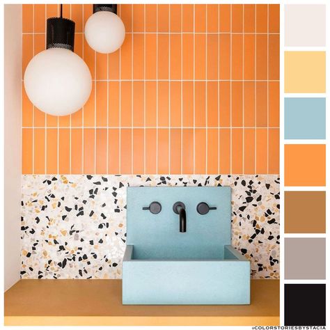 Is this not the perfect balance of shape, color, and composition? I'm loving the matte black and ice blue with the pumpkin orange tile and bold terrazzo!⁠ 🎨: @handsome.salt @kastconcretebasins ⁠ 📷: @jenny_siegwart ⁠ Aesthetic Bathroom Decor, Concrete Collaborative, Colorful Terrazzo, 20 Aesthetic, Orange Tiles, Modern Bathroom Tile, Mid Century Modern Bathroom, Fireclay Tile, Aesthetic Bathroom