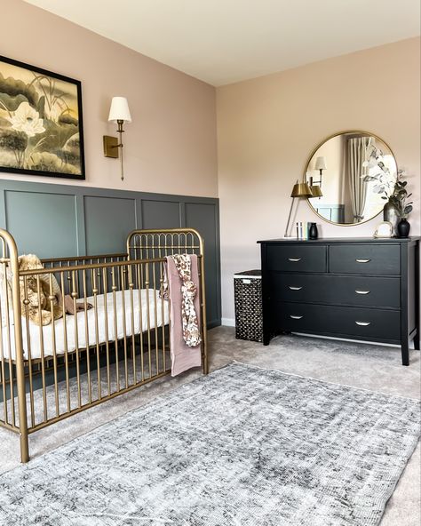 Iron Crib Nursery, Gold Crib Nursery, Gold Baby Crib, Wall Murals Nursery, Gender Neutral Nursery Themes, Neutral Nursery Themes, Nursery Decor Wallpaper, Gold Baby Nursery, Glam Nursery