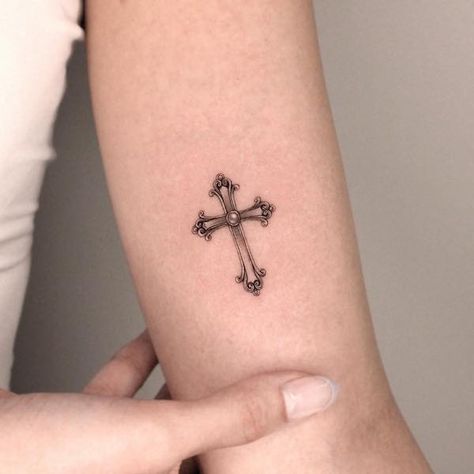 Small Crucifix Tattoo, Cross Neck Tattoo For Women, Totus Tuus Tattoo, Cross Tattoos On Neck, Celtic Cross Tattoo Feminine, Small Cross Tattoo On Wrist, Small Cross Tattoo For Men, Cross Tattoo Back Of Neck, Cross On Neck Tattoo