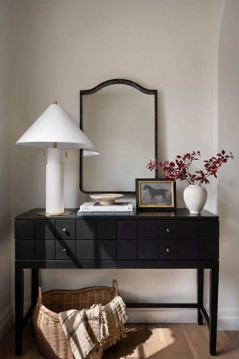 Entryway Decor With Window, Entry Way Table Styling, Foyer Vignette, Studio Mcgee Entryway, Mcgee Entryway, Moody Neutrals, Sideboard Styling, Entryway Style, Console Table Bedroom