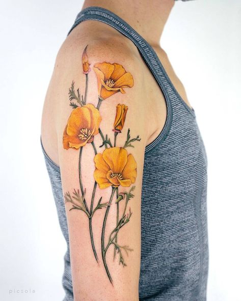 101 Amazing California Poppy Tattoo Ideas You Need To See! - Outsons Poppy Tattoo Meaning, California Golden Poppy, Poppy Tattoo Ideas, Ca Poppy, California Poppy Tattoo, Poppy Tattoos, Poppy Flower Tattoo, Upper Arm Tattoo, Golden Poppy