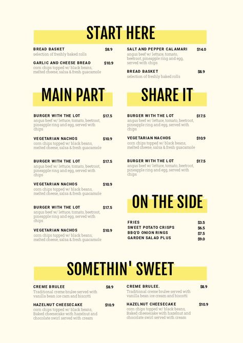 Menu template design with Stand Out Section Headers - 1 Menu Template, 10 Ways - Hack Your Visual Design Series Menu Design Layout, Menu Maker, Menu Design Inspiration, Cafe Menu Design, Menu Card Design, Menu Layout, Menu Design Template, Menu Inspiration, Food Menu Design