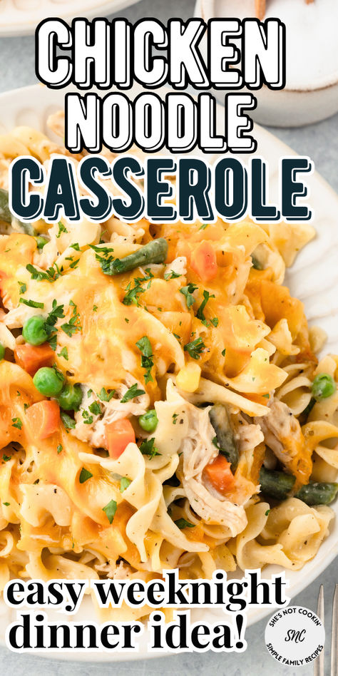 This Chicken Noodle Casserole is made with wide egg noodles, cooked chicken, frozen mixed vegetables (peas, carrots, corn, green beans), diced onion, minced garlic, butter, olive oil, all-purpose flour, chicken broth, milk, lemon juice, Italian seasoning, salt, black pepper, shredded Colby Jack cheese, and chopped fresh parsley for garnish. This easy Chicken Noodle Casserole recipe creates a delicious dinner that is ready in 45 minutes and can serve up to 10 people. Save for later! Easy Recipes For 10 People, Dairy Free Chicken Noodle Casserole, Chicken And Noodle Recipes Easy, Chicken Casserole With Vegetables, Chicken Vegetable Casserole Recipes, Noodles And Chicken Recipes, Chicken With Noodles Recipes, Diced Chicken Recipes Easy, Chicken Casserole With Egg Noodles