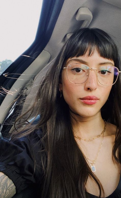 Micro Bangs And Glasses, Micro Bangs With Glasses, Baby Bangs Long Hair, Very Short Bangs, Bangs And Glasses, Hairstyles For Fat Faces, Bangs Fringe, Glasses Inspiration, Hairstyles With Glasses