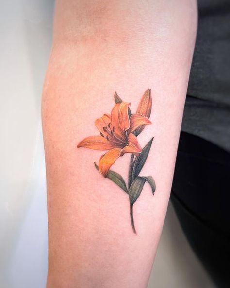 Yellow Lily Flower Tattoo, Orange Lily Flower Tattoo, Tiger Lily Memorial Tattoo, Western Red Lily Tattoo, Orange Tiger Lily Tattoo, Orange Day Lily Tattoo, Yellow Lily Tattoo, Small Tiger Lily Tattoo, Colorful Lily Tattoo