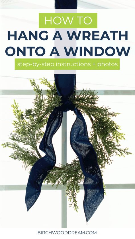 How to Hang a Wreath onto a Window with Ribbon Window Wreaths Indoor, How To Hang Wreaths On Windows, Indoor Wreaths, Christmas Wreaths For Windows, Wreath Window, Outdoor Christmas Wreaths, Classy Christmas Decor, Wreath Inside, Window Wreath