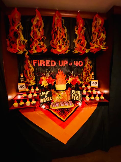 Phoenix Birthday Ideas, Fireball Themed Birthday Party, Red Hot Party Theme, Flame Themed Party, Phoenix Themed Party, Spicy Birthday Theme, Hot Ones Party, 31st Birthday Ideas For Her Theme, Fire Party Decorations