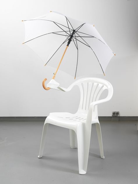 the waterproof garden chair, 2012, transformed polypropylene chair with umbrella Weird Furniture, Unsung Hero, Art Chair, Funky Furniture, Plastic Chair, Creative Furniture, Cheap Furniture, Art Series, Garden Chairs