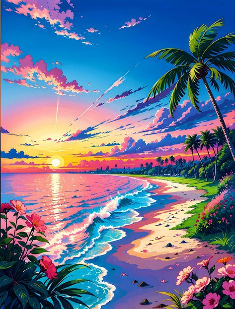 Sunset Mural, Watercolor Paintings Nature, Landscape Painting Tutorial, Beautiful Scenery Photography, Abstract Art Painting Techniques, Dreamy Artwork, Hawaiian Art, Love Animation Wallpaper, Arte Cyberpunk