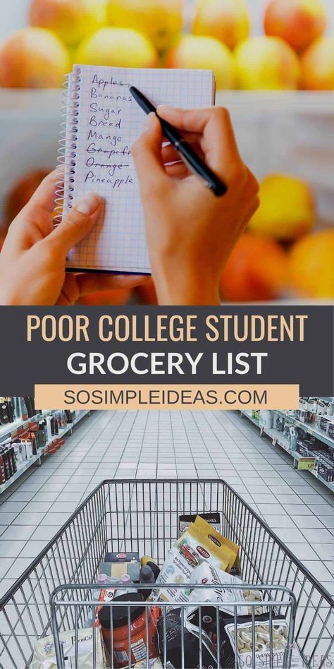 Need to pick up cheap food items at a local grocery store? In this post, you'll find inexpensive food for a poor college student grocery list. Cheap Food For College Students, Cheap Food Shopping List, Meal Ideas For College Students Budget, Cheap College Grocery List, Breakfast College Student, College Shopping Lists Grocery, Poor College Student Food, Dorm Room Food Ideas Grocery Lists, College Student Meals Budget