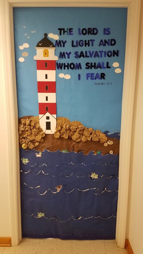 Lighthouse Door Decoration, Breaker Rock Beach Door Decor, Lighthouse Classroom Door, Breaker Rock Beach Vbs Door Decoration, How To Make A Lighthouse For Vbs, Vbs Lighthouse Decor, Lighthouse Classroom Theme, Vbs Door Decorations, Sunday School Themes Classroom