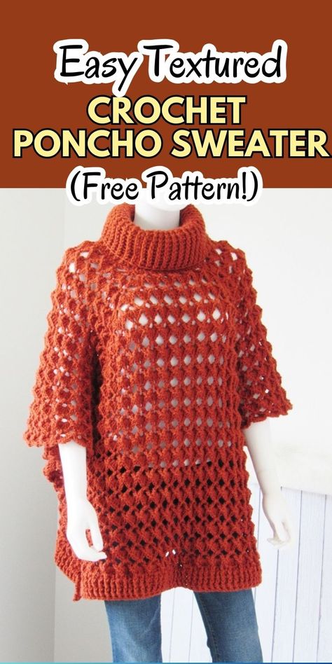 This 3D stitch poncho crochet pattern is beautiful yet easy enough for beginners. The turtle neck and the textured shell stitch make it truly unique. The sides are seamed which gives it the illusion of sleeves. The free pattern is made top down and includes woman sizes Small, Medium and Large. Crochet a poncho for yourself using this simple DIY tutorial. #crochetponcho, #crochetponchoforwomen, #freecrochetponchopattern, #crochetponchopattern Free Crochet Poncho Patterns Woman, Crochet Poncho Free Pattern Woman, Crochet Blanket Cardigan, Crochet Poncho Patterns Easy, Poncho Crochet Pattern, Poncho Patterns, Blanket Cardigan, Crochet Poncho Free Pattern, Crochet Cardigans