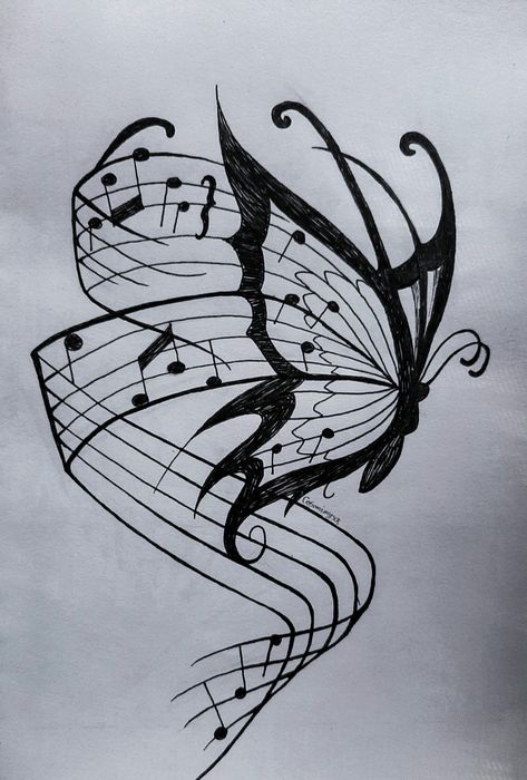 Drawings Of Music Notes, Viola Drawing Instrument, Cute Drawings Butterfly, Music Butterfly Tattoo, Music Drawings Ideas Creative, Music Art Drawing Creative, Music Sketches Creative, Music Drawings Ideas, Violin Art Drawing