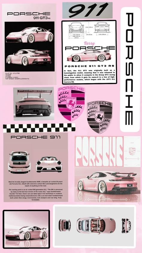 Cars Collage Wallpaper, Pink Porche Car, Pink Car Wallpaper, Cute Pink Posters, Photo Poster Ideas, Pink Aesthetic Car, Pink Porche, Car Skyline, Pink Porsche