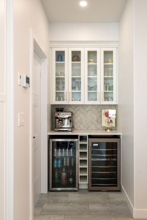 Beer Fridge In Kitchen, Wine Fridge Pantry, Beverage Fridge In Pantry, Dry Bar With Wine Fridge, Architectural Farmhouse, Wine Fridge Bar, Angel Kitchen, Bar Coffee Station, Wine And Beer Fridge