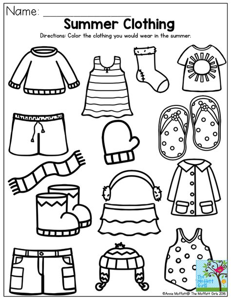 Summer Clothing- Color the items that you would wear in the summer. Summer Review NO PREP Packet for Preschool! Summer Clothing Activities For Preschool, Season Matching Worksheet, Summer Clothes Crafts Preschool, Summer Clothes Preschool Activities, Theme Summer Preschool, Summer Season Crafts Preschool, Summer Theme For Preschool, Four Season Activities For Preschool, Summer Preschool Worksheets