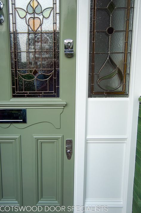 Green Edwardian front door-2 Green Doors Front Entrance, Dark Green Door, Doors Front Entrance, Stained Glass Front Door, Front Veranda, Green Front Door, Green Doors, Home Fixtures, Sage Green Paint