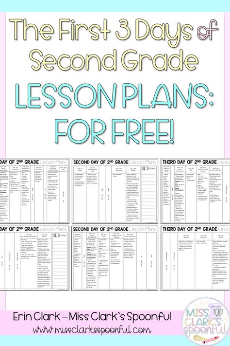 I'm excited to share these exclusive First 3 Days of Second Grade Lesson Plans with you! Using these plans, you'll be able to share back to school mentor texts, establish classroom rules and expectations, and teach important routines and procedures. Become a Miss Clark's Spoonful insider and grab these FREE lesson plans to use during your first week of school! #firstdayofschool #firstdayofschoollessonplans #secondgradeteacher #lessonplans #secondgrade #secondgradelessonplans #missclarksspoonful 2nd Grade Math Lesson Plans, First Week Of 2nd Grade Lesson Plans, First Week Of School Lesson Plans, Second Grade Lesson Plans, First Week Of School Ideas Second Grade, First Day Of School Plans, Second Grade Lessons, First Week Of Second Grade Activities, First Day Of School Second Grade