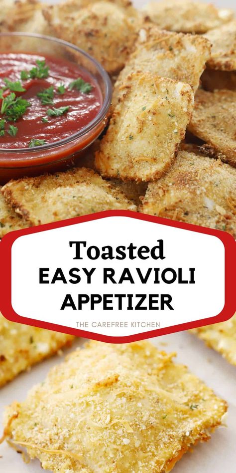 These crispy Toasted Ravioli are a St Louis classic that make the perfect easy appetizer or snack. Made from fresh or frozen raviolis, they are dunked in eggs and breadcrumbs, then baked and served with warm marinara sauce for dipping. #thecarefreekitchen #appetizer #ravioli #toastedravioli #stlouis Baked Ravioli Appetizer, Frozen Ravioli Recipes, Ravioli Appetizer, Toasted Ravioli Recipe, Fried Ravioli Recipe, Cheese Ravioli Recipe, Baked Ravioli Recipe, Gameday Recipes, Warm Appetizers