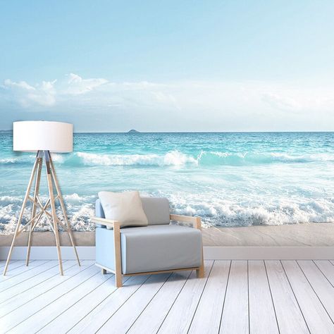 Mediterranean Sofa, Living Room Mediterranean, 3d Wallpaper Blue, Beach Mural, Sofa Wall, Photo Mural, Waves Wallpaper, Custom Murals, Landscape Background