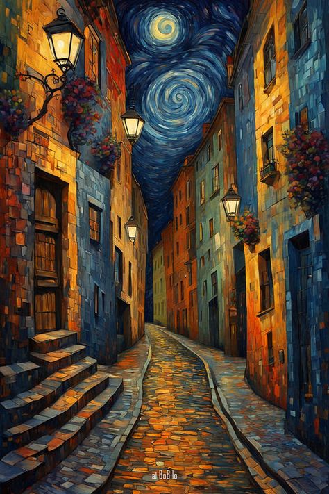 Mystical Nightscape of Mysterious Old City Old City Illustration, Old Building Painting, Old City Painting, Existentialism Art, Diy Watercolor Painting, City Painting, Art Folder, Pop Art Wallpaper, Van Gogh Art