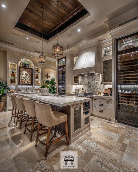 Grand Kitchen Luxury, Huge Kitchen Luxury, Outdoor Kitchen Bar Ideas, Blue Party Foods, Kitchen Bar Ideas, Modern Luxury Kitchen Design, Outdoor Kitchen Bar, Mansion Kitchen, Kitchen Cabinet Design Ideas