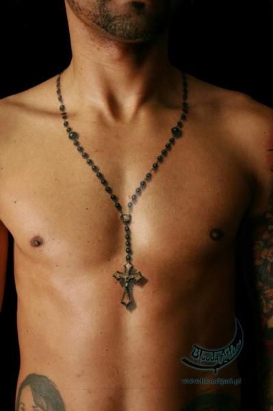 Rosary chest tattoo Rosary Tattoo For Men Chest, Rosary Necklace Tattoo, Rosary Neck Tattoo, Rosary Chest Tattoo, Necklace Tattoo For Men, Chest Cross Tattoo For Men, Cross Chest Tattoo Men, Cross Tattoo Chest, Cross Chest Tattoo