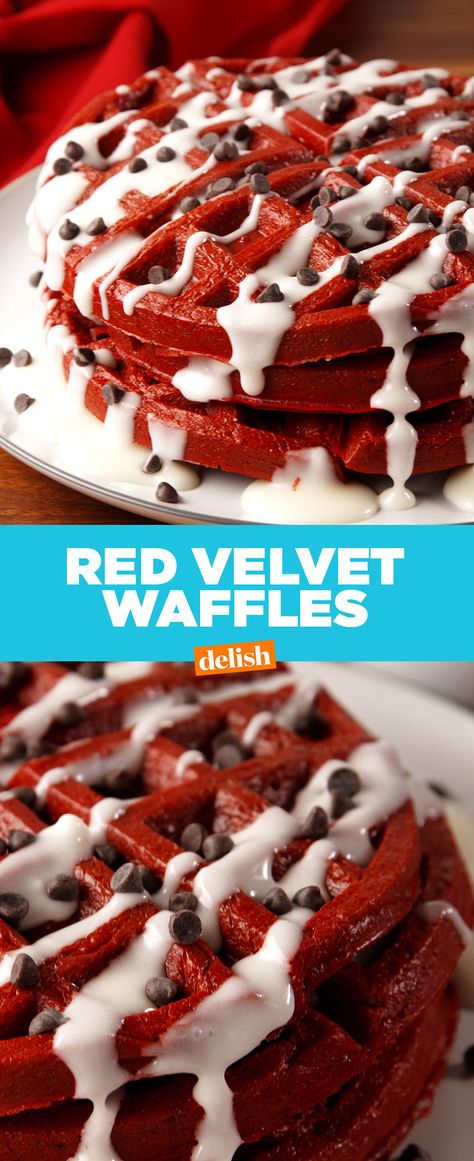 ALERT: You can turn cake mix into Red Velvet Waffles  Get the recipe from Delish.com. Chaffles Recipes, Cake Mix Waffles, Waffles Ideas, Red Velvet Waffles, Red Velvet Recipes, Waffle Iron Recipes, Waffle Maker Recipes, Red Velvet Cake Mix, Red Velvet Cheesecake