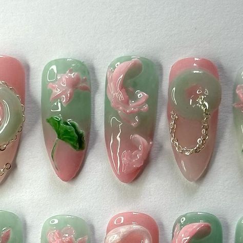 Press On Nails on Instagram: "🪷🐍 . . . Designed by: @nailsbycindyxo #nailart #snakeart #nails #nailinspo #presson #instagram #viral #beauty #jade #lilynails #lily" Jade Inspired Nails, Lily Pad Nail Art, Lily Pad Nails, Water Lily Nails, Lotus Flower Nails, Jade Nails Designs, Lily Nail Art, Green Lilies, Lilly Nails