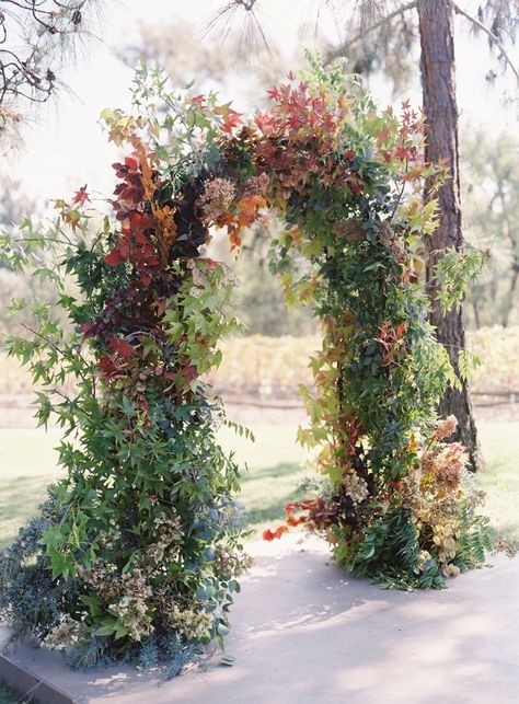 Fall Leaf Wedding Arch, Fall Arbor, Foliage Arch, Fall Wedding Arch, Ceremony Arch Flowers, Fall Editorial, Micro Wedding Ideas, Destination Wedding Flowers, Fall Wedding Arches