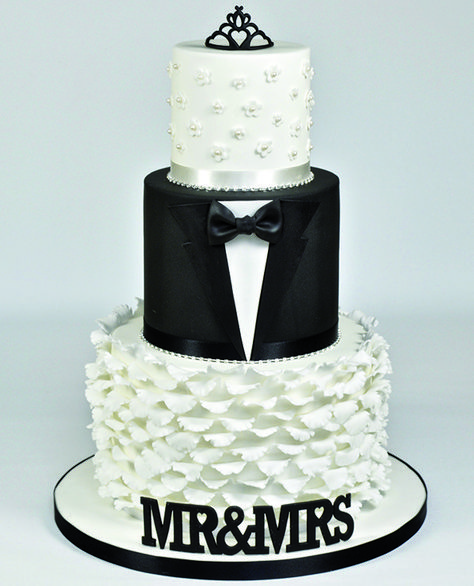 This bold Mr and Mrs wedding cake by FMM Sugarcraft will save you time and hassle. Black White And Silver Wedding, White And Silver Wedding, Fondant Letters, Cake Mix Ingredients, Silver Wedding Cake, Silver Spray, Luster Dust, Wedding Anniversary Cake, Tool Cake