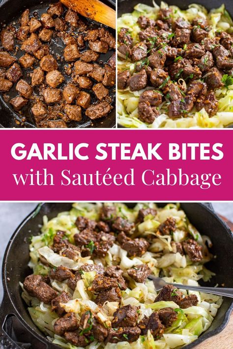 Garlic Butter Steak Bites With Sautéed Cabbage Steak Bites With Garlic Butter, Healthy Steak Recipes, Sautéed Cabbage, Cabbage Steaks Recipe, Deer Steak, Garlic Butter Steak Bites, Butter Steak Bites, Steak Dinner Recipes, Clean Dinner