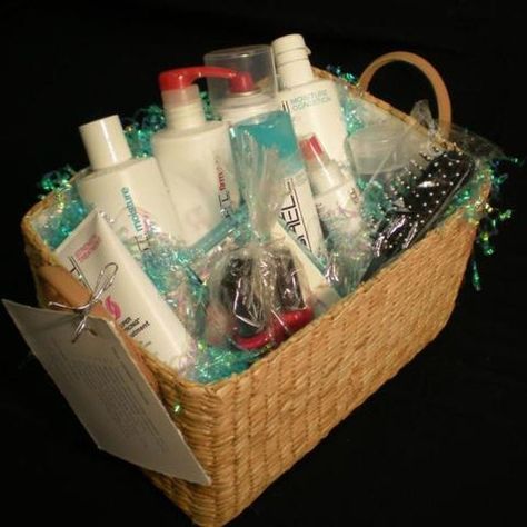 Make a Hair-Product Gift Basket Hair Gift Basket, Hair Product Gift Basket, Spa Gift Basket Ideas, Basket Raffle, Raffle Ideas, Making A Gift Basket, Auction Basket, Raffle Basket, Fund Raiser