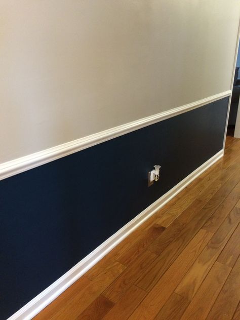 Navy blue and gray hallway Half Navy Half White Walls, Dark Blue And White Hallway, Blue And Grey Hallway, Navy Blue Chair Rail, Navy Blue Half Wall, Navy Half Wall, Half Painted Wall Office, Navy Blue Hallway Ideas, Navy Blue Panelling