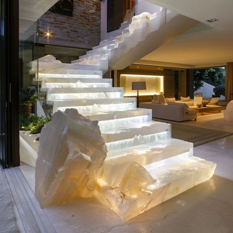 Which one would you prefer in your house? The images are generated using AI #crystals #gemstone Crystal House Aesthetic, Crystal Entrance, Crystal House, Crystal Architecture, Huge Crystals In Home, Huge Crystal, Stairway Design, House Inspo, Crystals