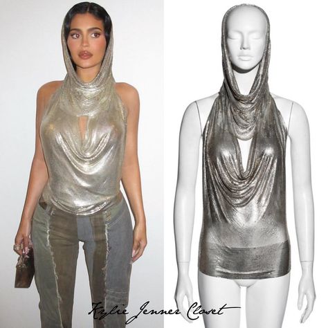 Kylie Jenner Closet в Instagram: «Kylie via Instagram! 🪩 #KylieJenner wears: - @pacorabanne FW 1997 Silver Metal Chainmail Hooded Halter Neck Top ($7,210) from…» Kylie Jenner Closet, Summer Vegas Outfit, Rave Halloween Costumes, Pixie Cut Styles, Rave Fits, Shoes 2022, Vegas Outfit, Coachella Outfit, Halter Neck Top