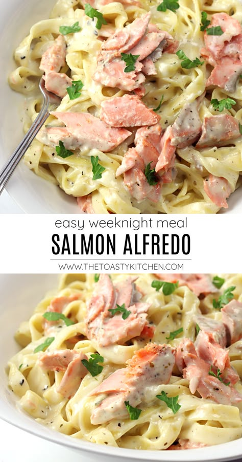 Salmon And Shrimp Fettucini Alfredo, Smoked Salmon Fettuccine Alfredo, Garlic Butter Salmon Pasta, Fish Alfredo Pasta, Creamy Salmon Alfredo Pasta, Salmon And Pasta Dinner Ideas, Alfredo Pasta With Salmon, Salmon And Spaghetti Recipe, Salmon Pasta Sauce