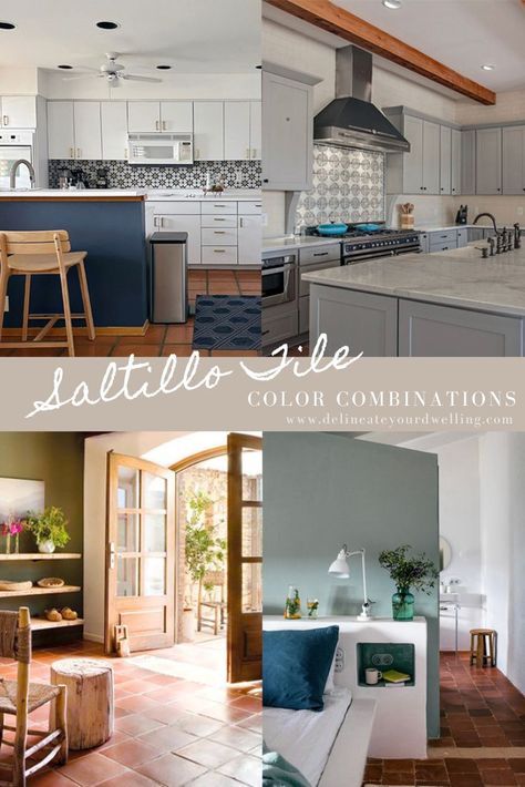 Learn the amazing combination of Colors that go with Saltillo Tile.  You can create beautiful spaces in your home and still enjoy the earthiness and warmth of Saltillo tile.  Delineate Your Dwelling Saltillo Tile Color Schemes, Clay Tile Kitchen Floor, Saltillo Tile Living Room Color Schemes, Saltillo Tile Home Decor, Saltillo Tile Kitchen Color Schemes, White Kitchen Saltillo Floor, Bathroom Saltillo Tile Floor, Kitchen Saltillo Tile, Saltillo Tile Living Room