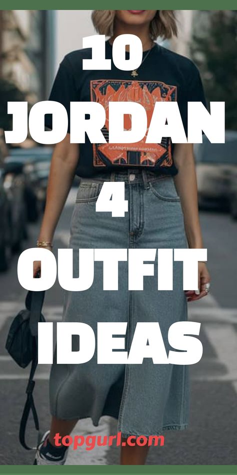 Jordan 4 Outfit Ideas: How to Rock Your Sneaker Game Outfit With Air Jordan Women, Jordan Shoes Outfits Women Style, Chic Jordan Outfit, Jean Skirt With Jordans Outfit, Brunch Outfit With Jordans, Leather Jacket And Jordans Outfit, Long Skirt Outfits With Dunks, Saturday Running Errands Outfit, Styling Jordans Women Outfit