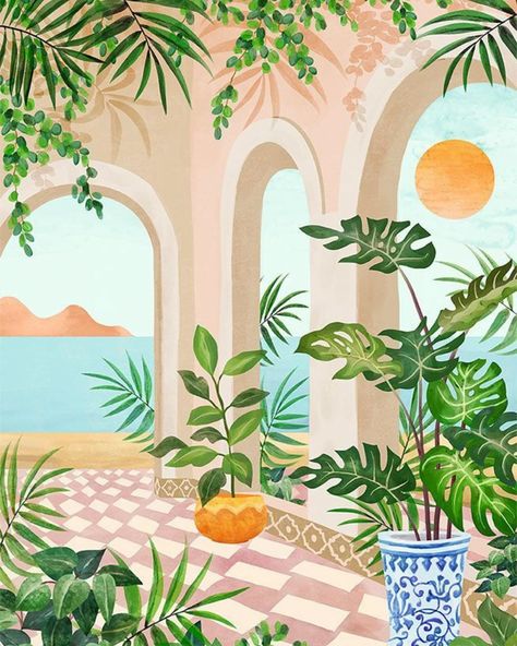 Artwork that inspires us everyday ✨🫶 via pinterest #whysobluelove #sustainblefashion #worldartday #shopsmall #summervibes #artinspiration #inspiration #artlover #digitalart Tropical Terrace, Bedroom Printables, Relaxing Art, Tableau Art, Tropical Art, Vintage Nature, Beach Villa, Mini Canvas Art, Holiday Art