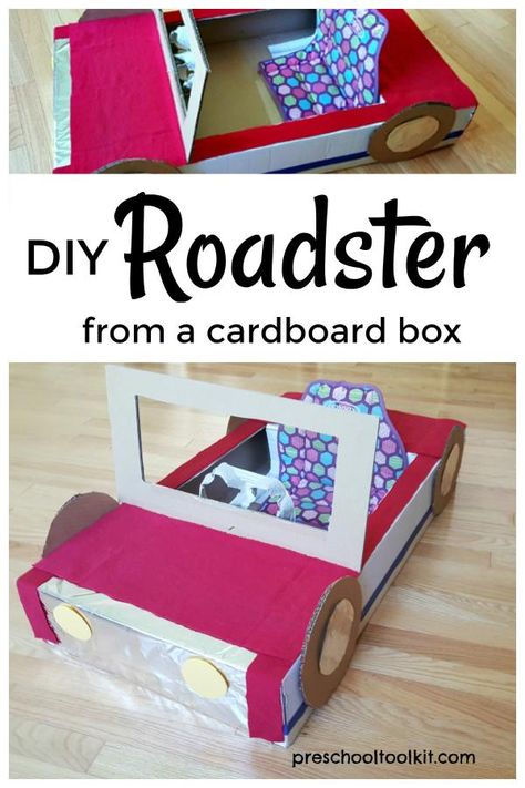 Easy to make car from a cardboard box #preschool #pretendplay Cardboard Box Car Ideas For Kids, Kindy 500 Cars Cardboard Boxes, Transportation Parade, Kindy 500, Peanut Festival, Movie Drive, Cardboard Box Car, Large Cardboard Boxes, Box Cars