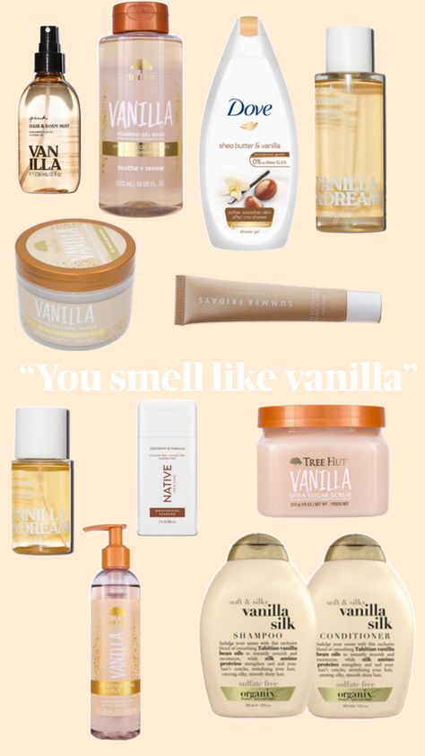 Products to use to smell like vanilla Best Smelling Shower Products, How To Smell Like Cinnamon And Vanilla, How To Smell Like Winter, How To Smell Like Christmas, Vanilla Smelling Products, How To Smell Like Vanilla, Smell Good Aesthetic, To Smell Like Vanilla, Smell Like Vanilla